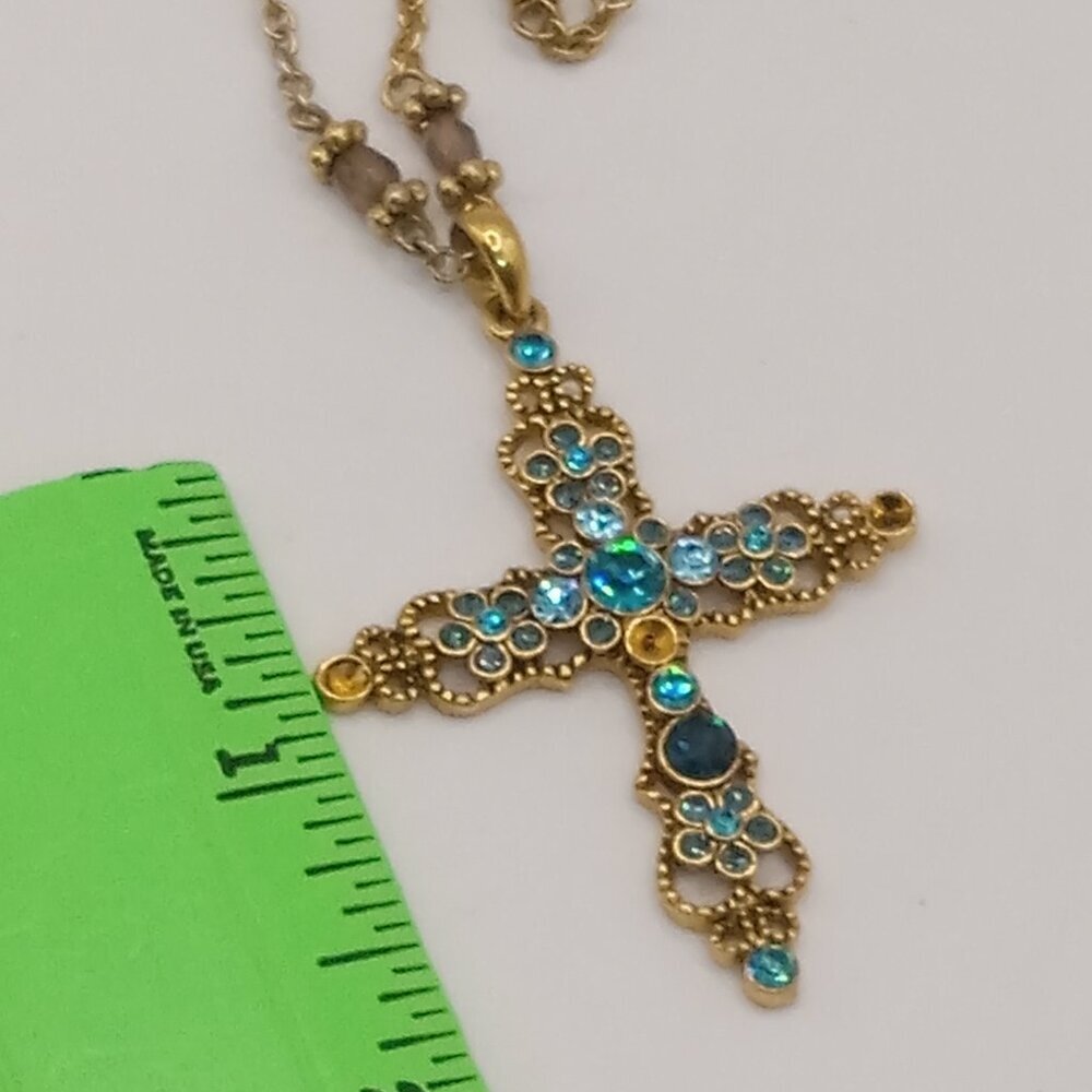 Blue Crystal Embellished CROSS Gold Tone Pendant Beaded Necklace